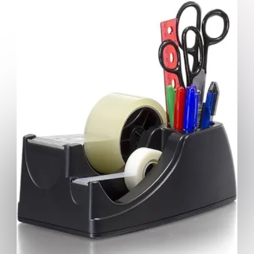 Officemate 2 in 1 Heavy Duty Tape Dispenser with Pen Holder Black Desk Organizer